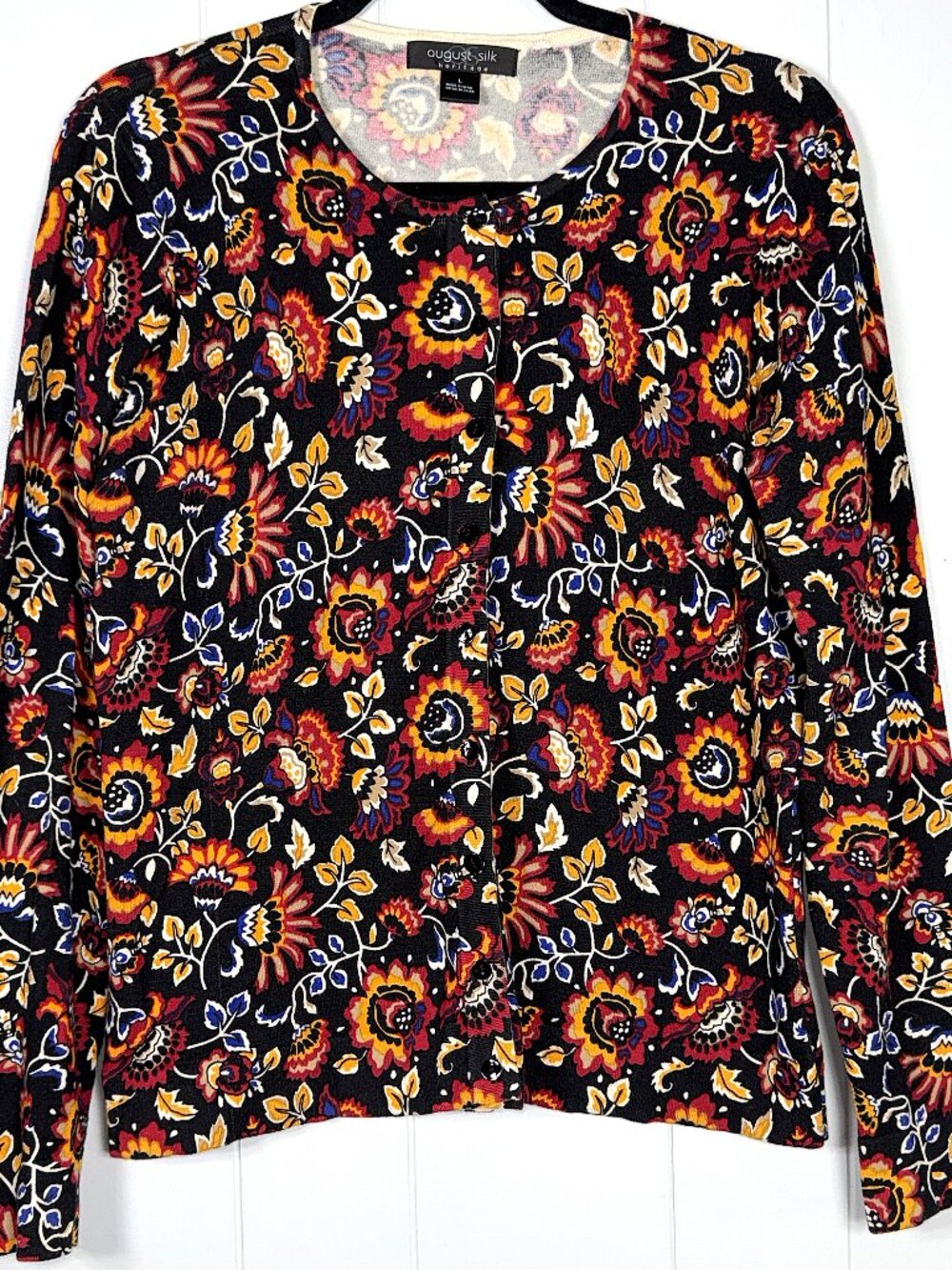 August Silk Heritage Black Red Floral Flower Cardigan Button-Down Sweater Top L